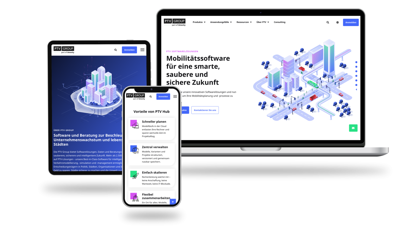 PTV-Website auf verschiedenen Endgeräten PTV-Website auf verschiedenen Endgeräten