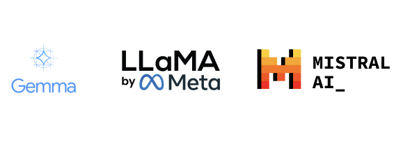 Logos von Gemma, LLama und MistralAI Logos von Gemma, LLama und MistralAI