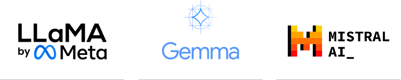 Die Logos LLaMA by Meta, Gemma AI und Mistral AI nebeneinander.