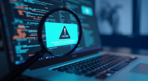 Gehackter Laptop Laptop mit Lupe, die ein Hacked Popup vergrößert